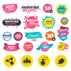 Sale shopping banners. Group of people and share icons. Speech bubble symbols. Communication signs. Web badges, splash and stickers. Best offer. Vector