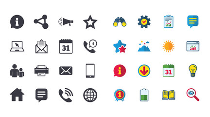 Set of Communication, Conference and Information icons. E-Mail, Printer and Internet signs. Speech bubble, Support and Phone call symbols. Calendar, Report and Browser window signs. Vector