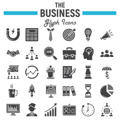 Business solid icon set, finance symbols collection, office vector sketches, logo illustrations, seo glyph pictograms package isolated on white background, eps 10.