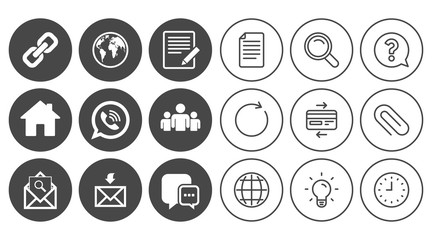 Communication icons. Contact, mail signs. E-mail, call phone and group symbols. Document, Globe and Clock line signs. Lamp, Magnifier and Paper clip icons. Question, Credit card and Refresh. Vector