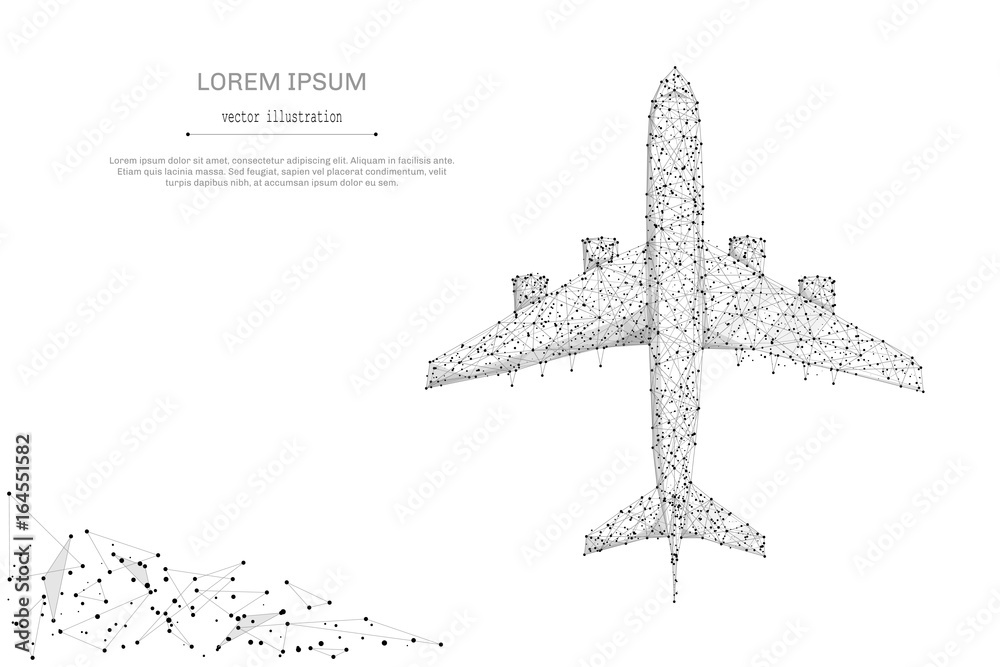 Poster abstract mash line and point airliner top view on white background with an inscription. starry sky o
