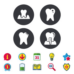 Fototapeta premium Dental care icons. Caries tooth sign. Tooth endosseous implant symbol. Parodontosis gingivitis sign. Calendar, Information and Download signs. Stars, Award and Book icons. Vector