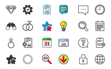 Rings icons. Jewelry with shine diamond signs. Wedding or engagement symbols. Chat, Report and Calendar signs. Stars, Statistics and Download icons. Question, Clock and Globe. Vector