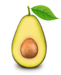 Half of ripe avocado with leaf isolated on a white