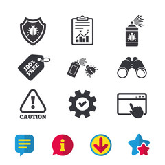 Bug disinfection icons. Caution attention and shield symbols. Insect fumigation spray sign. Browser window, Report and Service signs. Binoculars, Information and Download icons. Stars and Chat. Vector