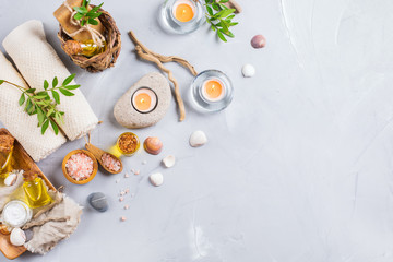 Spa wellness setting concept, background with essential oil soap cream
