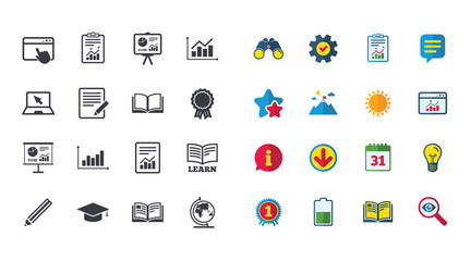 Set of Statistics, Education and Study icons. Presentation, Report and Book signs. Analytics, Pencil and Award medal symbols. Calendar, Report and Browser window signs. Vector