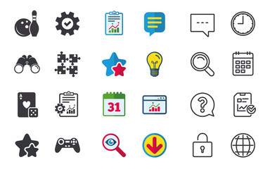 Bowling and Casino icons. Video game joystick and playing card with puzzles pieces symbols. Entertainment signs. Chat, Report and Calendar signs. Stars, Statistics and Download icons. Vector