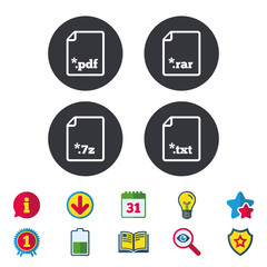 Download document icons. File extensions symbols. PDF, RAR, 7z and TXT signs. Calendar, Information and Download signs. Stars, Award and Book icons. Light bulb, Shield and Search. Vector