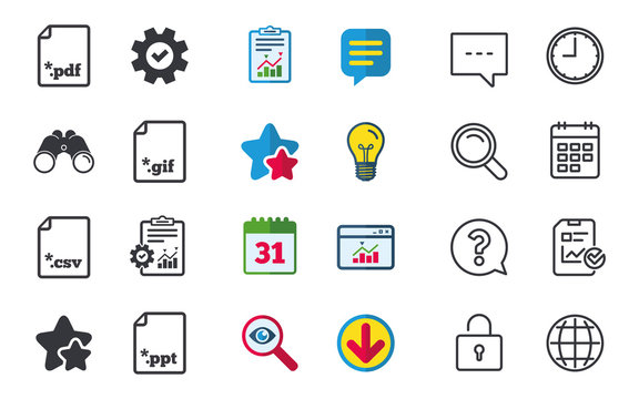 Download document icons. File extensions symbols. PDF, GIF, CSV and PPT presentation signs. Chat, Report and Calendar signs. Stars, Statistics and Download icons. Question, Clock and Globe. Vector