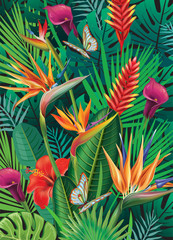 Panele Szklane Podświetlane  Tło z egzotycznymi tropikalnymi kwiatami