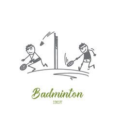 Badminton concept. Hand drawn people playing badminton. Persons at court with rackets and shuttlecock isolated vector illustration.