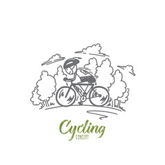 Fototapeta premium Cycling concept. Hand drawn man cycling road bike. Cyclist moving on bike isolated vector illustration.