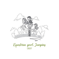 Equestrian sport jumping concept. Hand drawn female equestrian on a horse. Rider in jumping show isolated vector illustration.