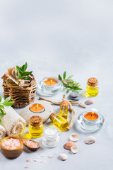 Spa wellness setting concept, background with essential oil soap cream