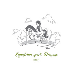 Equestrian sport dressage concept. Hand drawn dressage horse and woman rider. Female person on horse isolated vector illustration.