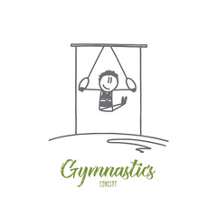 Gymnastics concept. Hand drawn gymnast on stationary rings. Athlete doing gymnast exercises isolated vector illustration.