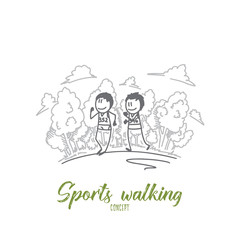Fototapeta na wymiar Sports walking concept. Hand drawn two sportsmen on marathon. Sports walking competition isolated vector illustration.