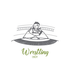 Wrestling concept. Hand drawn two freestyle wrestlers in uniform wrestling on ring. Fight between sportsmen isolated vector illustration.
