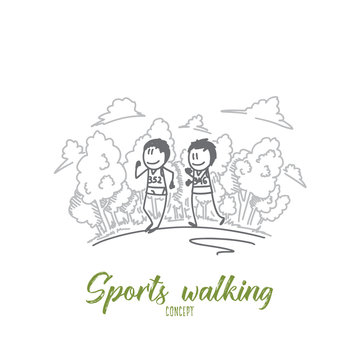 Sports walking concept. Hand drawn two sportsmen on marathon. Sports walking competition isolated vector illustration.