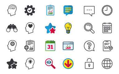 Head with brain and idea lamp bulb icons. Male human think symbols. Cogwheel gears signs. Love heart. Chat, Report and Calendar signs. Stars, Statistics and Download icons. Question, Clock and Globe