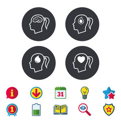 Head with brain icon. Female woman think symbols. Blood drop donation signs. Love heart. Calendar, Information and Download signs. Stars, Award and Book icons. Light bulb, Shield and Search. Vector