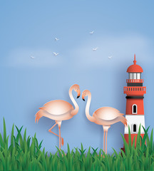 Fototapeta premium love birds flamingos stand on the beach with grass and lighthouse.the illustration do to same paper art and craft style.