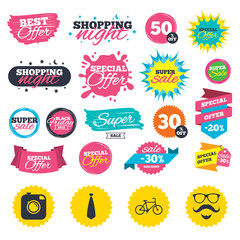 Sale shopping banners. Hipster photo camera. Mustache with beard icon. Glasses and tie symbols. Bicycle sign. Web badges, splash and stickers. Best offer. Vector