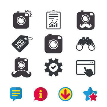 Hipster photo camera with mustache icons. Retro camera symbols. Browser window, Report and Service signs. Binoculars, Information and Download icons. Stars and Chat. Vector