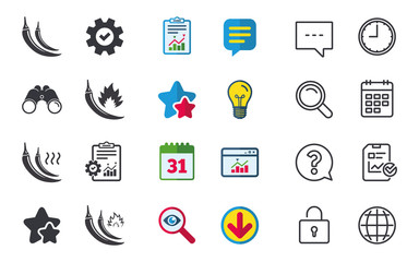 Hot chili pepper icons. Spicy food fire sign symbols. Chat, Report and Calendar signs. Stars, Statistics and Download icons. Question, Clock and Globe. Vector