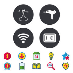 Hotel services icons. Wi-fi, Hairdryer and deposit lock in room signs. Wireless Network. Hairdresser or barbershop symbol. Calendar, Information and Download signs. Stars, Award and Book icons