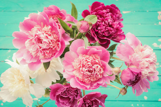 Fototapeta Peony flowers bouquet on vintage old turquoise background. Pastel bouquet. Closeup view, selective focus