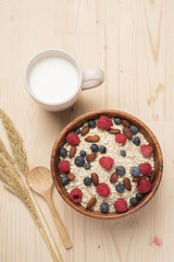 Healthy breakfast ingredients on wood table, Healthy food concept