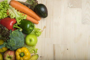 Vegetables and fruits on wood table ,Healthy food concept