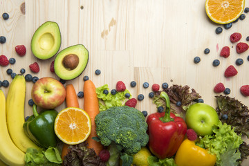 Vegetables and fruits on wood table ,Healthy food concept
