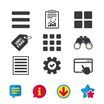List menu icons. Content view options symbols. Thumbnails grid or Gallery view. Browser window, Report and Service signs. Binoculars, Information and Download icons. Stars and Chat. Vector