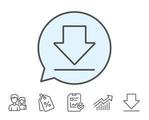 Download line icon. Internet Downloading sign. Load file symbol. Report, Sale Coupons and Chart line signs. Download, Group icons. Editable stroke. Vector