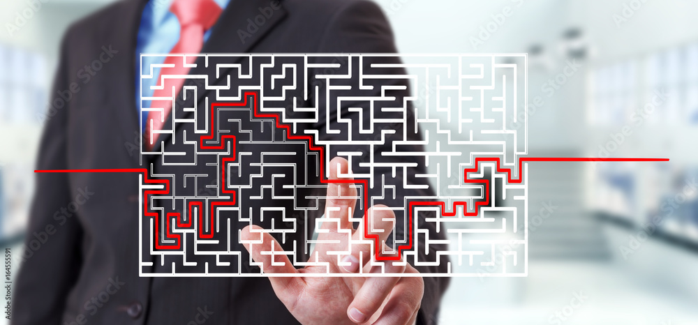 Poster Businessman searching solution of a complicated maze