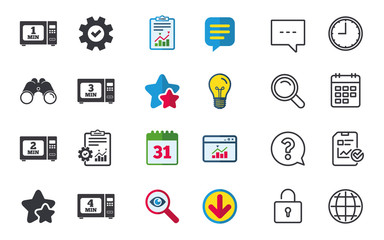 Fototapeta premium Microwave oven icons. Cook in electric stove symbols. Heat 1, 2, 3 and 4 minutes signs. Chat, Report and Calendar signs. Stars, Statistics and Download icons. Question, Clock and Globe. Vector