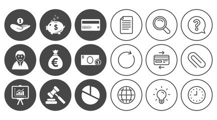 Money, cash and finance icons. Piggy bank, credit card and auction signs. Presentation, pie chart and businessman symbols. Document, Globe and Clock line signs. Lamp, Magnifier and Paper clip icons