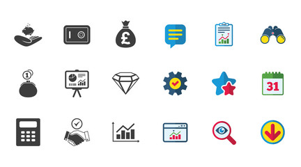 money cash and finance icons handshake safe and calculator signs rotation calendar calculator
