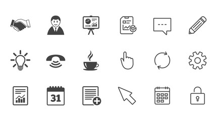 Office, documents and business icons. Businessman, handshake and call signs. Chart, presentation and calendar symbols. Chat, Report and Calendar line signs. Service, Pencil and Locker icons. Vector