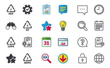 PET 1, Ld-pe 4, PP 5 and Hd-pe 2 icons. High-density Polyethylene terephthalate sign. Recycling symbol. Chat, Report and Calendar signs. Stars, Statistics and Download icons. Question, Clock and Globe