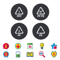 Fototapeta premium PET 1, PP-pe 07, PP 5 and PE icons. High-density Polyethylene terephthalate sign. Recycling symbol. Calendar, Information and Download signs. Stars, Award and Book icons. Light bulb, Shield and Search