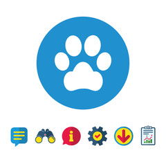 Fototapeta na wymiar Dog paw sign icon. Pets symbol. Information, Report and Speech bubble signs. Binoculars, Service and Download icons. Vector