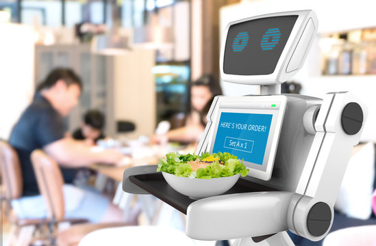 Robotics Trends technology business concept. Autonomous personal assistant personal robot for serve salmon salad in restaurant blur background. 3D rendering
