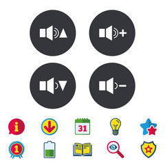Player control icons. Sound louder and quieter signs. Dynamic symbol. Calendar, Information and Download signs. Stars, Award and Book icons. Light bulb, Shield and Search. Vector