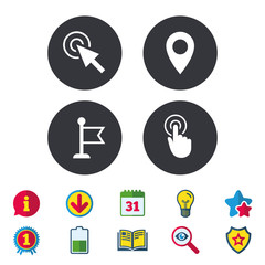 Mouse cursor icon. Hand or Flag pointer symbols. Map location marker sign. Calendar, Information and Download signs. Stars, Award and Book icons. Light bulb, Shield and Search. Vector