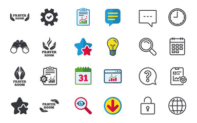 Prayer room icons. Religion priest faith symbols. Pray with hands. Chat, Report and Calendar signs. Stars, Statistics and Download icons. Question, Clock and Globe. Vector