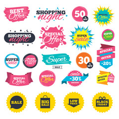 Sale shopping banners. Sale speech bubble icon. Black friday gift box symbol. Big sale shopping bag. Low price arrow sign. Web badges, splash and stickers. Best offer. Vector